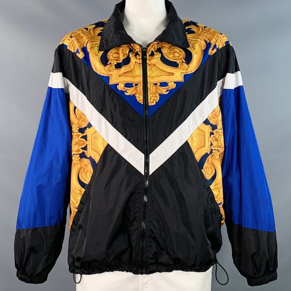 VERSACE Size XXL Black Blue Gold Baroque Polyamide Blend Windbreaker Jacket - Picture 1 of 9